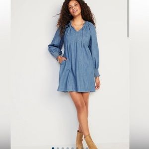 Puff-Sleeve Non-Stretch Jean Swing Dress S